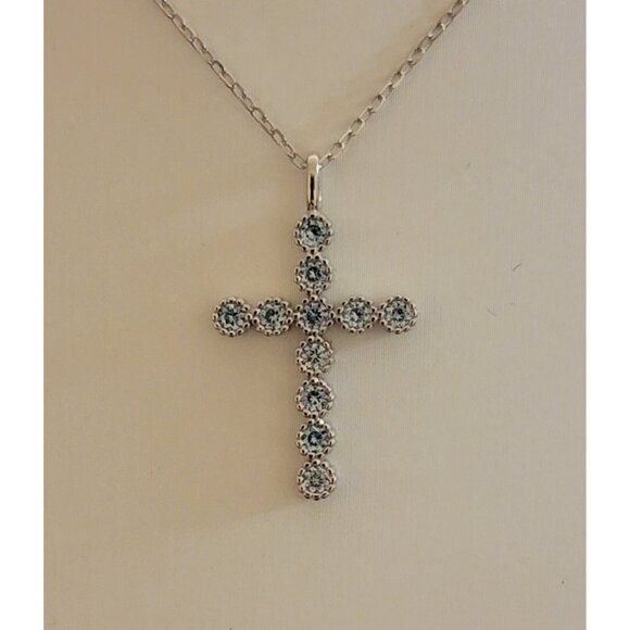 Sterling Silver Created Aquamarine Cross Necklace March Birthstone 18"+2" NWT - Picture 7 of 10